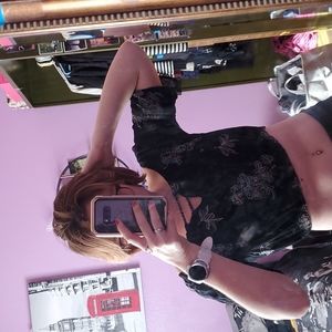 Embroidered floral black strapless top